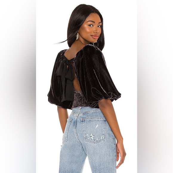 Free People Marie Velvet Open Back Black Crop Top Balloon Puff Sleeve Medium - Picture 5 of 13